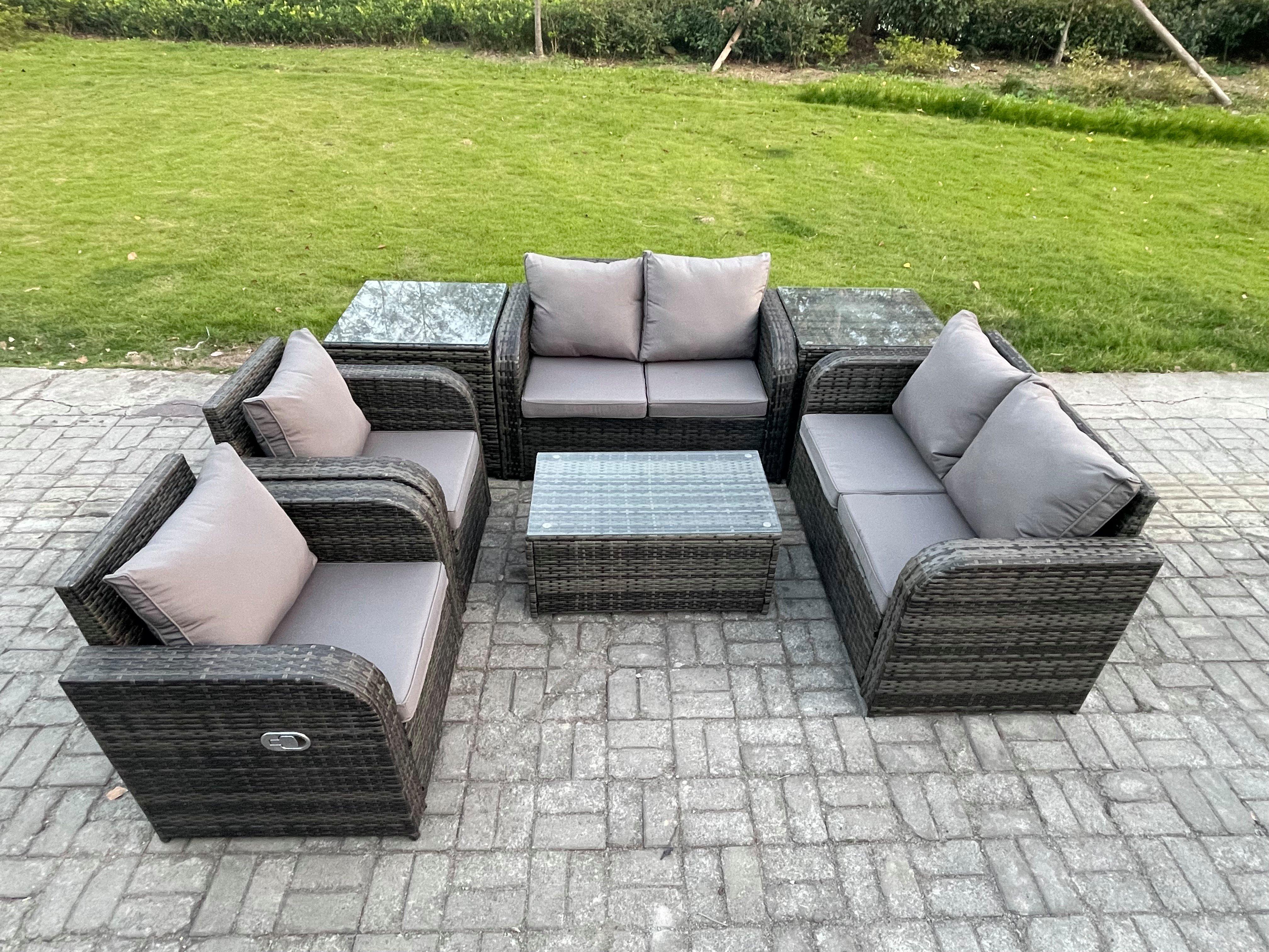 Rattan Garden Furniture Set Patio Outdoor Lounge Sofa Set with 2 Reclining Chairs Rectangular Coffee
